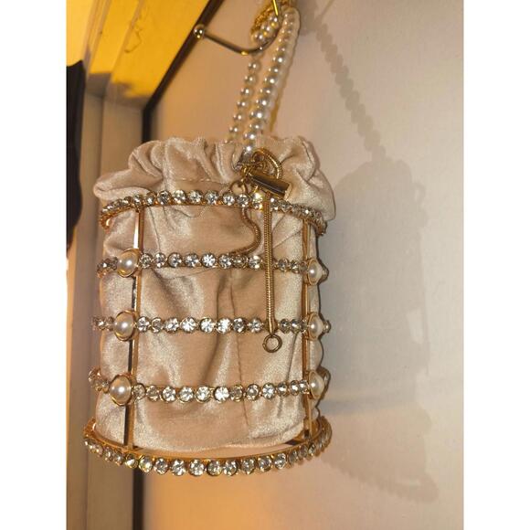 Rhinestone & Pearl Metal Frame Tube Clutch With Gold Purse Chain & Nude Bag NIB - Picture 4 of 9